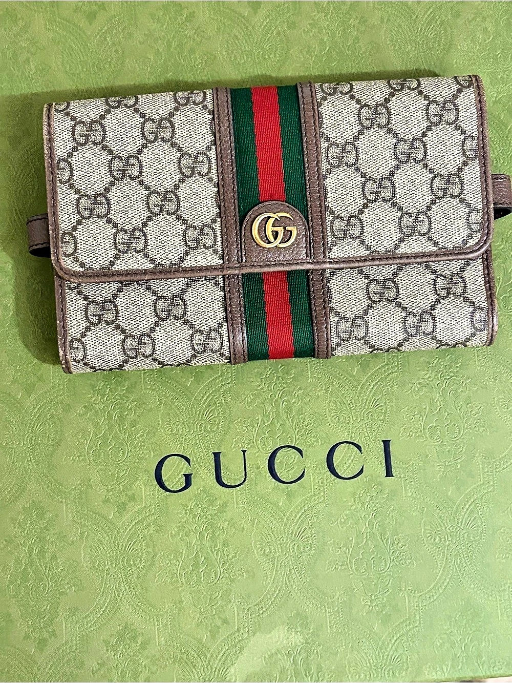 Gucci Ophidia GG Supreme Wallet on Chain Brown & Green